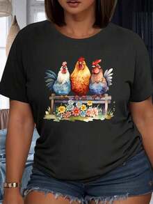 1 pieza Camiseta con diseño de gallina, gallo y gallina en un banco con jardín floral, para fiesta, 220g, 100% algodónropa de calor mujer - Negro - Ver 7