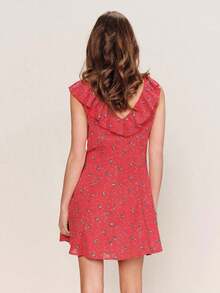 Vestido mini de línea A con estampado floral rojo, cuello abierto con volantes en la parte delantera y trasera, vestido casual de primavera y verano para vacaciones, vestido floral rojo, vestido con volantes, estilo francés - Rojo - Ver 2