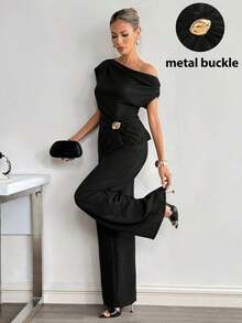 Conjunto informal de top con hombros fruncidos y decoración metálica, y pantalones de mujer de unicolor - Negro - Ver 12