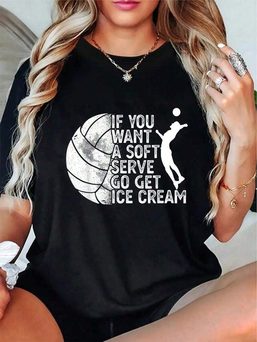 Funny 100% Cotton Volleyball T-Shirt With The Phrase 'If You Want Soft Serve, Go Buy Ice Cream'. Loose, Casual, And Versatile T-Shirt. Y2k T-Shirt. - 白色 - 查看 1