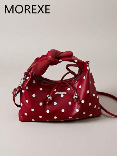 Women's Fashion Polka Dot Handbag, Crescent Shaped Bow Decor Versatile Pleated Shoulder Bag