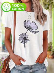 SummerTalla grande - Camiseta de mujer de talla grande con diseño de flores monocromáticas - Cuello redondo casual, manga corta, parte superior con diseño de flores elegantes en blanco y negro, ligera y transpirable para ropa casual, blusa con estampado floral 100% algodónFashion All-match Women's Short Sleeve T-shirt, Basic Style for Inner & Outer Wear - Blanco - Ver 11