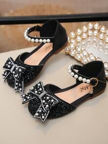 Girls' Soft Sole Flat Sandals With Pearl & Bowknot Decor, Breathable & Rhinestone Embellished - Black - View 2