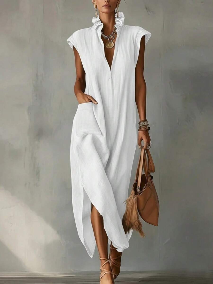 New 2026 Women's Casual Summer Dress Cotton Linen Solid Color V-Neck Sleeveless Loose Fit - 白色 - 查看 1