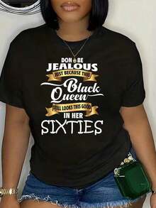 1 pieza de camisetas estampadas estilo años sesenta de talla grande, tops casuales de manga corta para primavera y verano, ropa de talla grande para mujer, 100% algodón. - Negro - Ver 2