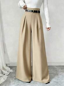 Pantalones de mujer de mezcla de algodón a rayas cómodos, de cintura alta, elegantes y de moda, de alta gama, con pliegues, cintura elástica, rectos, sueltos y de pierna ancha, adecuados para primavera/otoño, uso diario y versátiles - Caqui - Ver 5