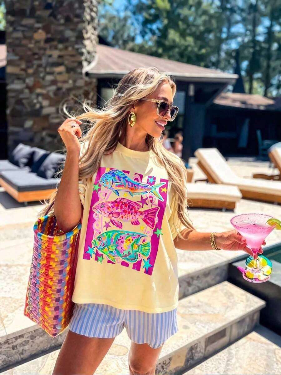 Camiseta de mujer, camiseta gráfica de manga corta de estilo casual de calle, top de verano lindo - Albaricoque 6 - Ver 1