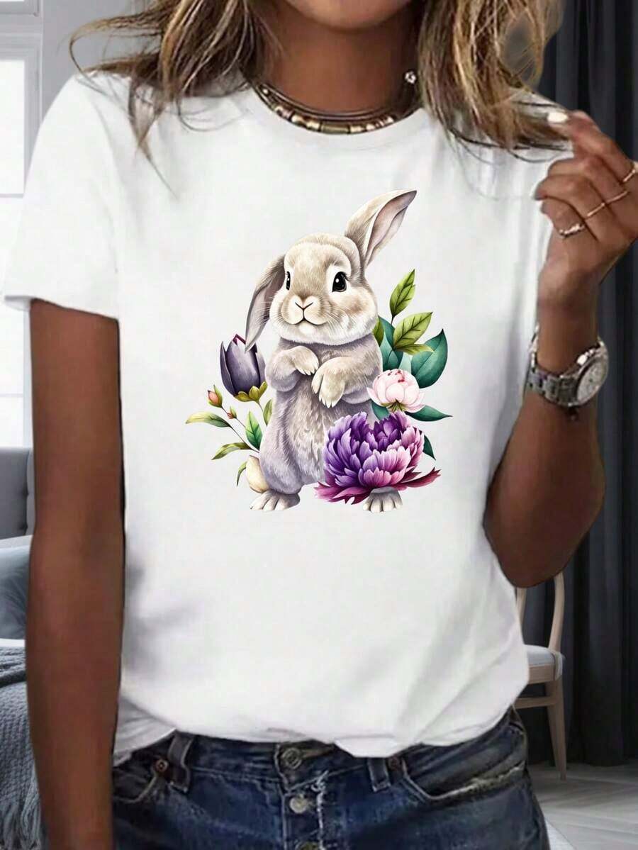 Camiseta Blanca de Mujer con Estampado de Conejito y Flores, Top Casual de Verano, Camiseta Gráfica para Pascua y Primavera 220mgropa de calor mujer - Blanco - Ver 1