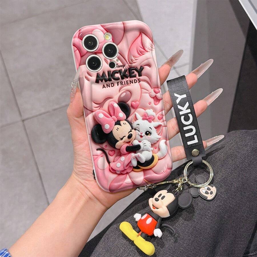 Disney Minnie Mouse & Marie Cat Phone Case With Minnie Charm And Minnie Lanyard - Cute Minnie And Marie Protective Case With 3D Pop-Up Style And Pink Background Design, Equipped With Delicate Minnie Decorative Lanyard And Beaded Bracelet For Easy Carrying, Compatible With IPhone 17, 16, 15, 14, 13, 12, 11 Pro Series, Ideal For Birthdays, Holidays, Anniversaries, Graduation Gifts, Or Any Special Occasion To Surprise Family, Friends, Classmates, And Loved Ones. - trắng - Xem 1