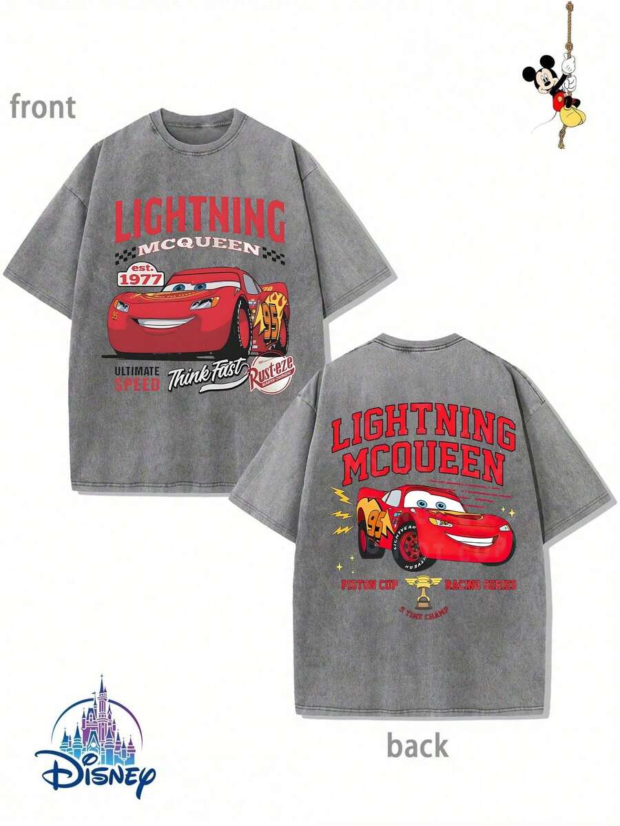 Men's Disney Washed Piston Cup McQueen Tee, Retro Racing Print, Loose Fit, Premium Cotton. - 灰色 - 查看 1