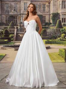 HEARBOBO Vintage Boho Backless Beaded Strapless A Line Wedding Dress Long Woven Fabric Bridal Gown White - White - View 7