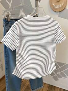 Camiseta casual de mujer con estampado digital a rayas y cordón en la cintura, un gran regalo para amigos - Blanco 3 - Ver 2