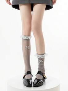 1 Pair Spring/Summer Thin Korean & Japanese Style Lace Ruffle Socks, Sweet Bowknot Leg Warmers For Girls - Multicolor - View 7
