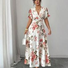 Elenzya Women's Floral Print Deep V-Neck Ruched Short Sleeve Dress - Multicolor - Ver 6