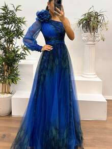 Vestido amplio de tul con diseño asimétrico para uso diario - Azul - Ver 2