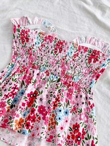 Parte superior corta de tubo con estampado floral romántico y volantes, lazo delantero, detalle de lazo, dobladillo con volante en A, para vacaciones, Día de San Valentín, boda, ropa de mujer para vacaciones de San Valentín, cumpleaños de mujer, verano para mujer - Multicolor 2 - Ver 5