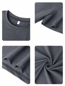 Camiseta de mujer de color liso, cuello redondo, manga corta, tejido suave, una prenda básica informal para el día a día. - Gris Oscuro - Ver 7