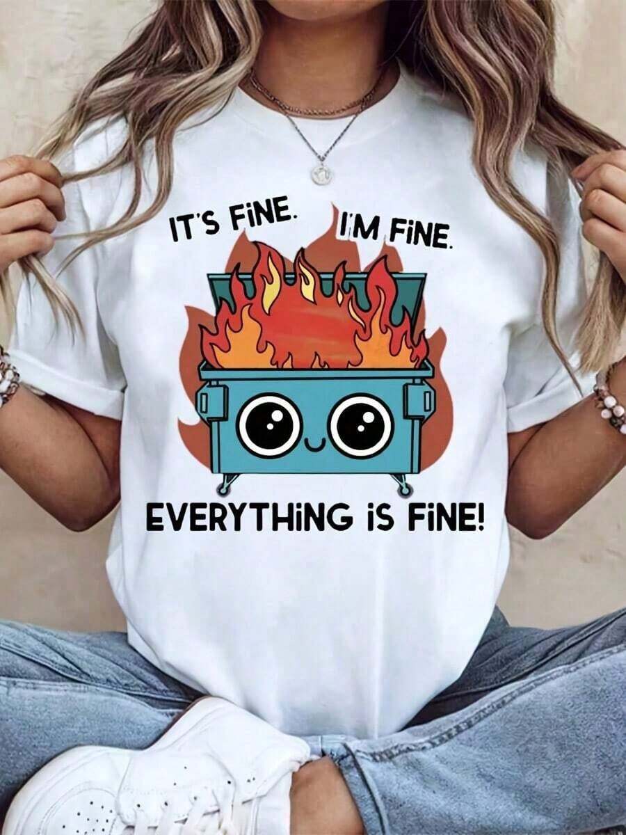 ropa de mujerCamiseta de cuello redondo para mujer, con estampado de dibujos animados "Está bien, estoy bien, todo está bien", manga corta, estilo casual de verano para uso diario, camisas de mujer - Blanco - Ver 1