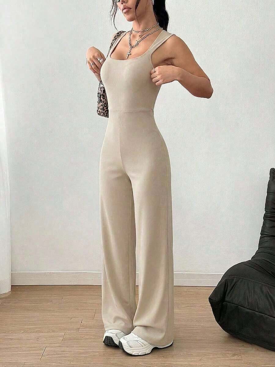 Pantalones de peto de unicolor de estilo minimalista casual para uso diario - Albaricoque - Ver 1