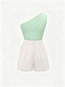 Nuevo conjunto de 2 piezas de primavera/verano con diseño de moda francés chic: top ajustado de tirantes con pliegues en los hombros en color marrón + shorts de pierna ancha elásticos en la cintura en color negro, conjunto casual para uso diario y - Multicolor 4 - Ver 3