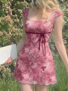 Vestido de mujer vintage con lazo y plisado de malla - Rosa - Ver 8