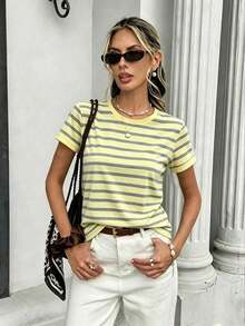 Camiseta casual de mujer de cuello redondo de manga corta a rayas, camiseta a rayas de estilo retro francés de color café, top de manga corta de cuello redondo estilizador y versátil, camiseta básica casual suave y pegajosa, top a rayas, pri - Multicolor 5 - Ver 5