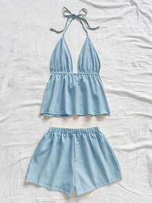 Conjunto de 2 piezas de vacaciones para mujer, top de tirantes con escote en V con textura rojo y shorts sueltos extremadamente cortos, adecuado para citas, fiestas y paseos por la ciudad - Celeste - Ver 2