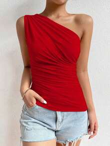 Parte superior de un solo hombro con plisado de unicolor informal de verano para mujer - Rojo - Ver 4