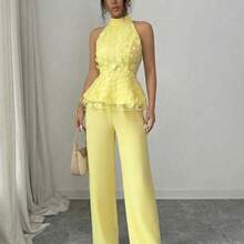 Elenzya Spring & Summer Mandarin Collar Textured Floral Mesh Double-Layer Linen-Look Sleeveless Cropped Top, Elastic Waist Straight Leg Pants, 2-Piece Elegant Vacation Set For Women Women Vacation Outfit Sets Women 2 Piece Outfit Women Elegant Outfits Yellow Women Summer Outfits 2 Piece Women Clothes Sets Filipiniana - Azul - Ver 7