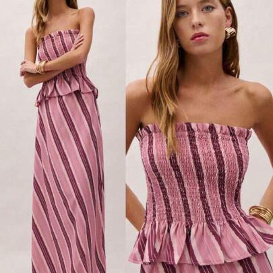 Off Shoulder Strapless Striped Set Featuring A Smocked Bodice Top With Peplum Detail, And Flowing Skirt. Summer, Perfect For Vacations, Casual Days, Spring, Beachwear, Coverup, Festival, Coords. - Rosa - Ver 1