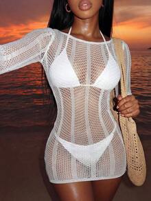 Vestido de playa para mujer tipo body con manga larga calado y malla, color negro - Blanco 2 - Ver 4