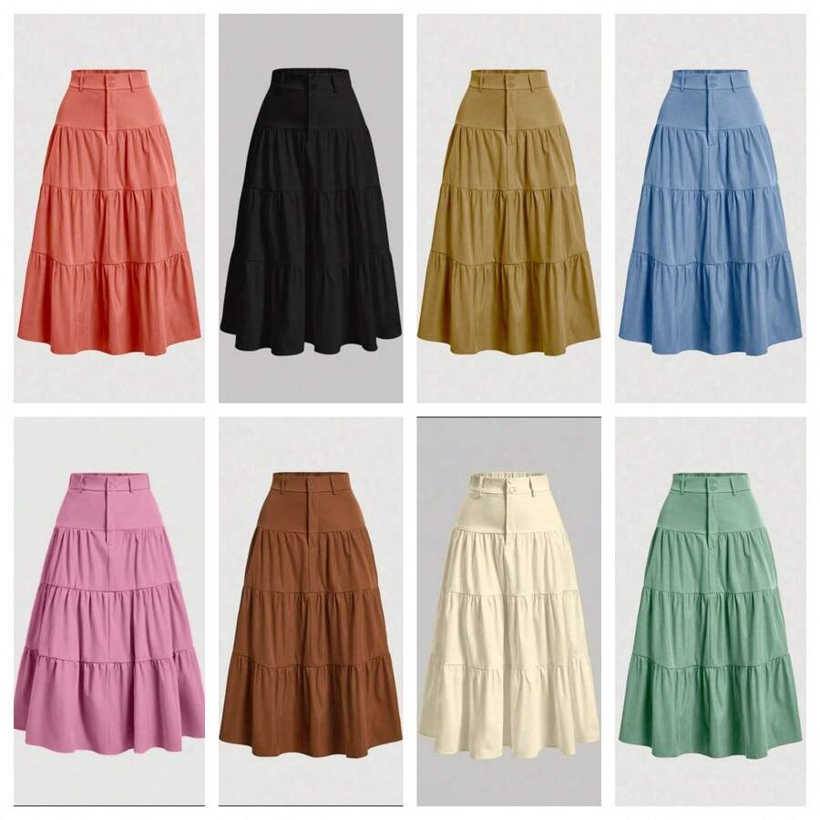 Liuhan Modas Ata Decintura Skirt In Sordaeminina Color With Pleated Three-Tiered Trim - 隨機顏色 - 查看 1