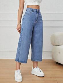 Jeans casuales de cintura alta con bolsillos y pierna ancha - Azul lavado medio - Ver 5