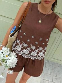 Set de 2 piezas de top sin mangas y shorts para mujer, de moda para el verano - Marrón - Ver 4