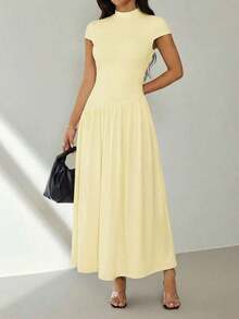 Vestido casual largo plisado de manga abullonada y cuello alto en unicolor para mujer, de verano - Amarillo claro - Ver 3
