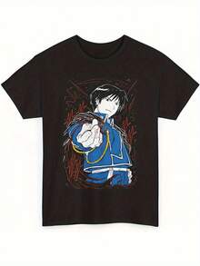 Una camiseta estampada interesante: Camiseta de Fullmetal, camiseta de manga corta de anime japonés - 12% - Cuello redondo - Manga corta. - Negro - Ver 6