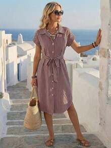 Vestido midi casual de mujer con botones frontales a rayas, vestido de verano con cintura anudada, vestido de trabajo de verano, vestido preppy, vestido con botones para mujer, vestido a rayas azul, vestidos de verano para mujer, conjuntos de v - Rosa - Ver 1