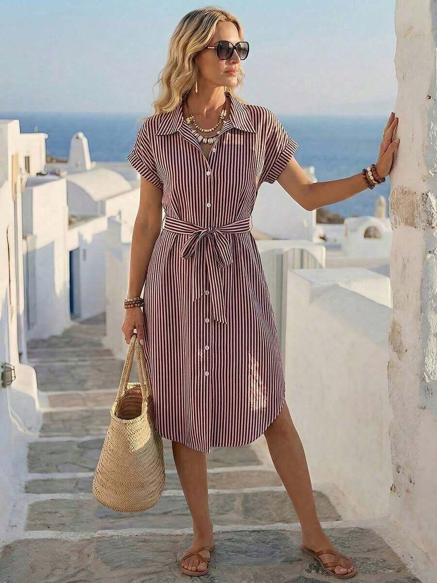Vestido midi casual de mujer con botones frontales a rayas, vestido de verano con cintura anudada, vestido de trabajo de verano, vestido preppy, vestido con botones para mujer, vestido a rayas azul, vestidos de verano para mujer, conjuntos de v - Rosa - Ver 1