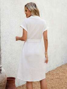 Vestido midi casual de mujer con botones frontales a rayas, vestido de verano con cintura anudada, vestido de trabajo de verano, vestido preppy, vestido con botones para mujer, vestido a rayas azul, vestidos de verano para mujer, conjuntos de v - Blanco - Ver 2