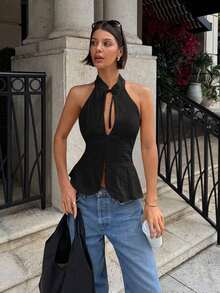 Parte superior sin mangas de mujer con lazo, cuello halter y abertura, chaleco casual - Negro - Ver 4