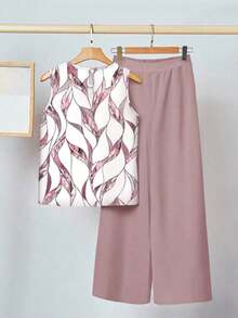 piezas de parte superior sin mangas con gráfico de plantas y pantalones holgados, adecuado para vacaciones de verano - Rosa - Ver 1