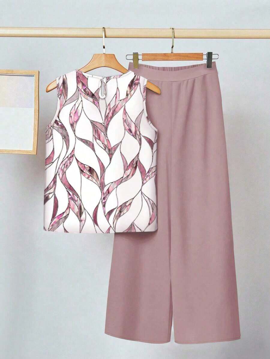 piezas de parte superior sin mangas con gráfico de plantas y pantalones holgados, adecuado para vacaciones de verano - Rosa - Ver 1