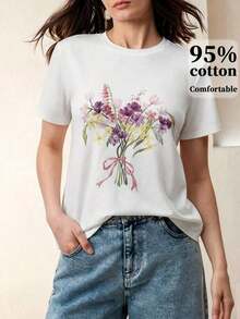1pscAnewsta Camiseta Estampada Elegante y Divertida para Mujer, Adecuada para el Uso Diario, 100% Algodón - Blanco 11 - Ver 4