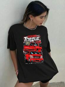 1 Piece 180g Camisera de Algodón para Mujer, Oversize Manga Corta Cuello Redondo con Estampado para el Diario y la Calle,designed by Y2K artists in the Bababask style - Negro 8 - Ver 6