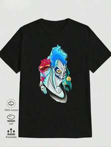Men's Graphic Tees, 1 Pack, Men's Cotton Tees, Black And White Printed Cotton T-Shirt With Hades Villain From The Local Shop, 180g, High Quality Crew Neck, Basic Loose Fit, Breathable, Machine Washable, Comfortable, Versatile, S-3XL, Summer Essential For Men And Women, Daily Casual Wear, Sportswear, Halloween Costumes - 黑色 - 查看 6