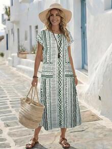 Vestido casual de mujer con estampado floral y manga corta, ideal para vacaciones de verano - Verde - Ver 1