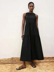 Vestido casual de vacaciones con diseño de volantes escalonados en verde jade, vestido cómodo con cuello redondo, división horizontal, parches y fruncidos, atuendo bohemio de playa, elegante vestido de estilo occidental para vacaciones de muje - Negro - Ver 5