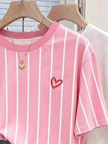 Camiseta de mujer talla grande con estampado digital a rayas de colores y bordado de fresa, regalo para amigos - Multicolor 3 - Ver 3