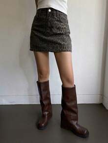Falda vaquera casual con botones delanteros y bolsillos con estampado de leopardo - Marrón 3 - Ver 3
