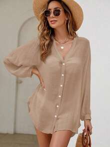Holidaya Kimono unicolor con botón delantero - Caqui 2 - Ver 1